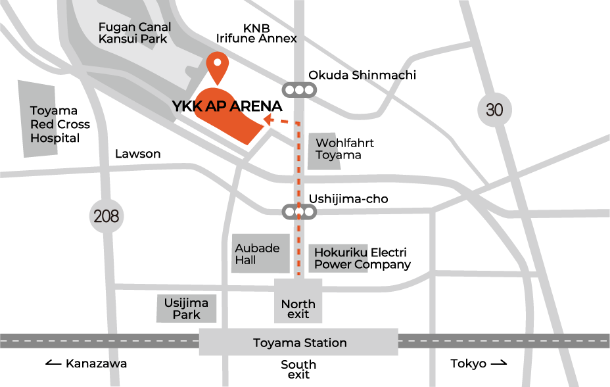 富山駅北口から出発して、ボルファートとやまのあたりで左折すると、YKK APアリーナに到着。