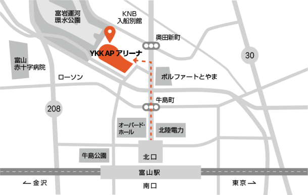 富山駅北口から出発して、ボルファートとやまのあたりで左折すると、YKK APアリーナに到着。