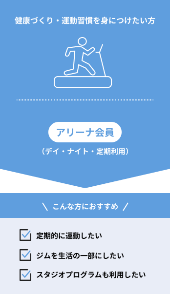 健康づくり・運動習慣を身につけたい方　アリーナ会員（デイ・ナイト・定期利用）